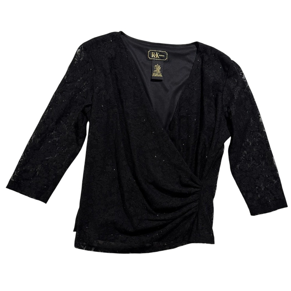 R&K Evening Black Glitter Lace Faux Wrap Top Womens Size M Evening Party